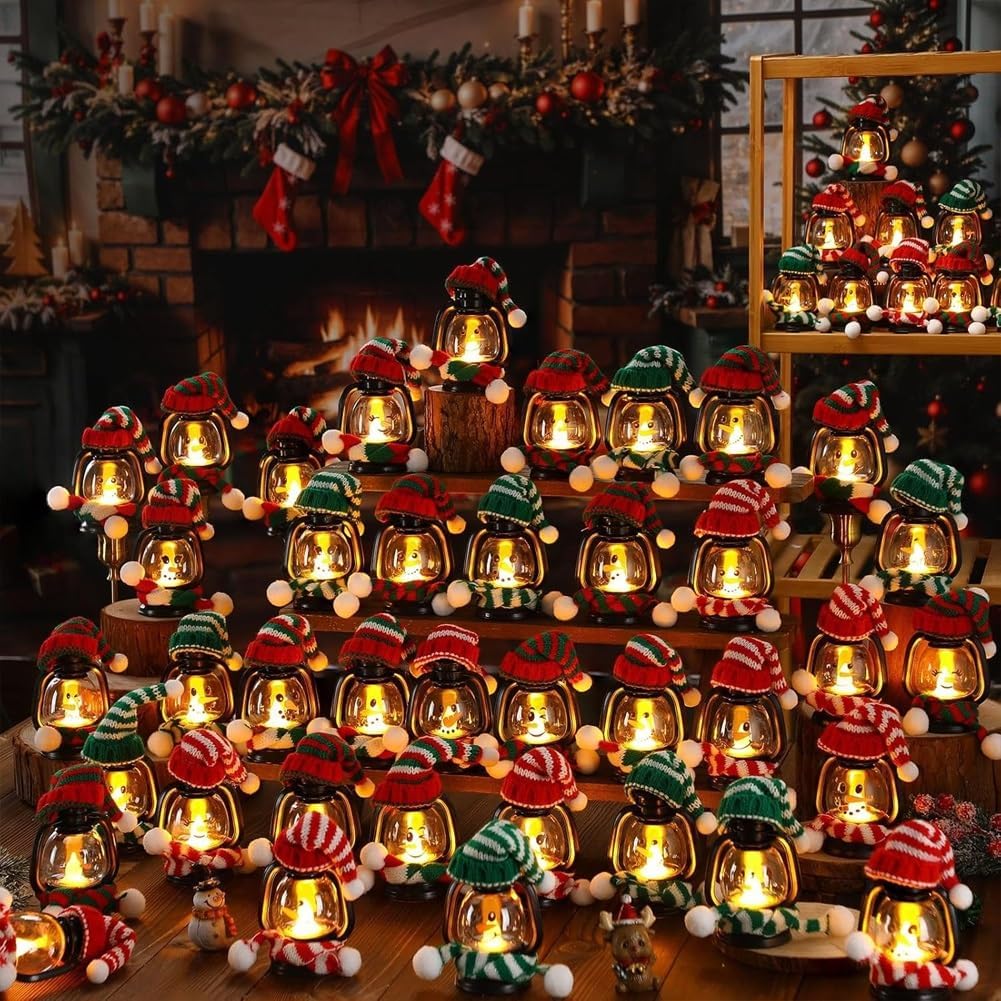 Mini Snowman Lantern with Hats and Scarves, Mini Candle Christmas Snowman Lanterns Decoration, Small Winter Portable Tabletop Centerpiece for Holiday Party Favor(12pcs)