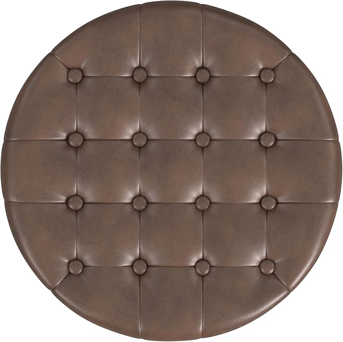 Homepop Home Decor | Upholstered Round Faux Leather Tufted Foot Rest Ottoman | - Image 6