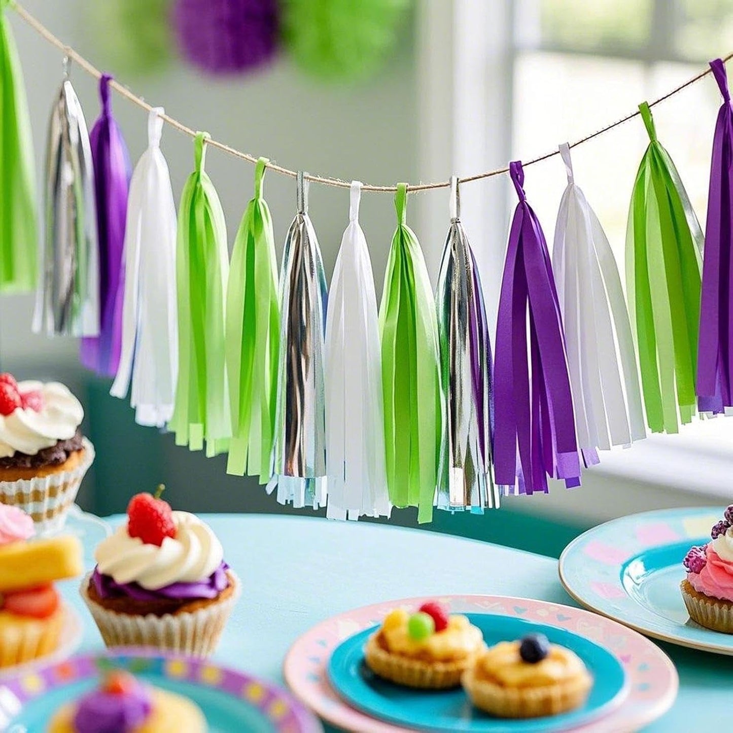 Tissue Paper Tassel Garland Banner, Purple Green Silver White, 20 PCS, Party Decorations for Birthday, Cartoon Themed Baby Shower,Sprot Game,Graduation