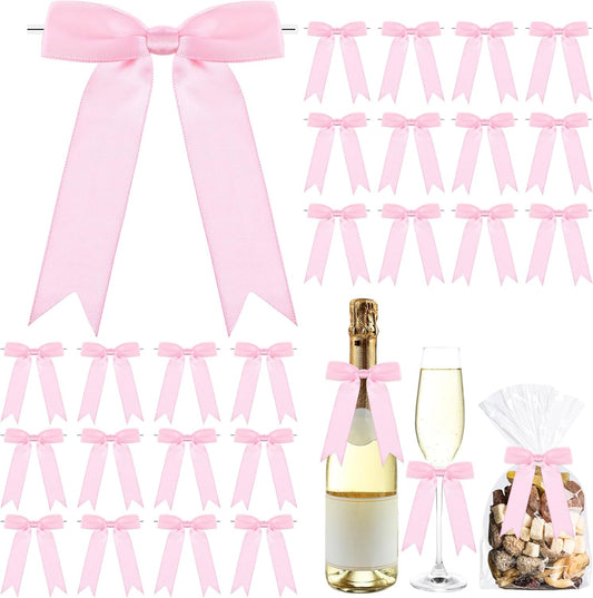 Riceshoot 24 Pcs Satin Ribbon Bow 3.5x5 Inch Twist Tie Bows for Gift Balloon Bag Cake Craft DIY Wedding Birthday Party Decor