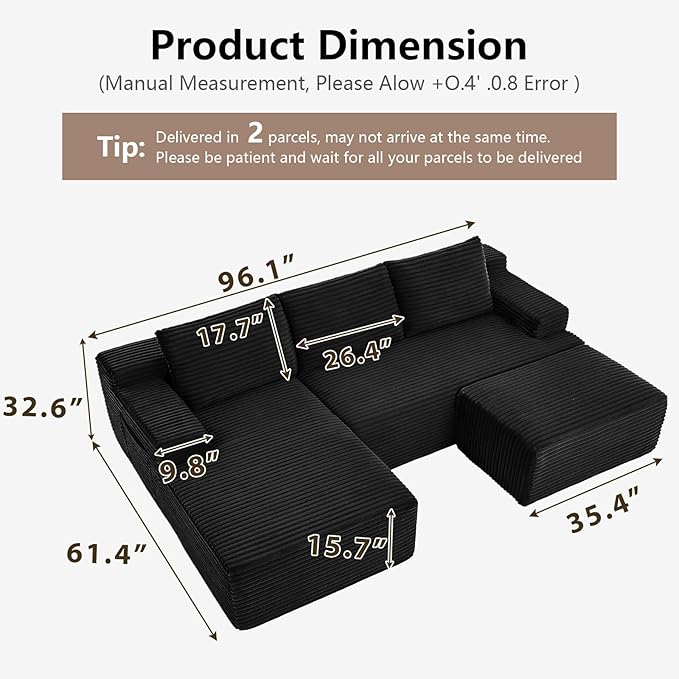 96" Cloud Sectional Couch U-Shaped Chaise - Image 2