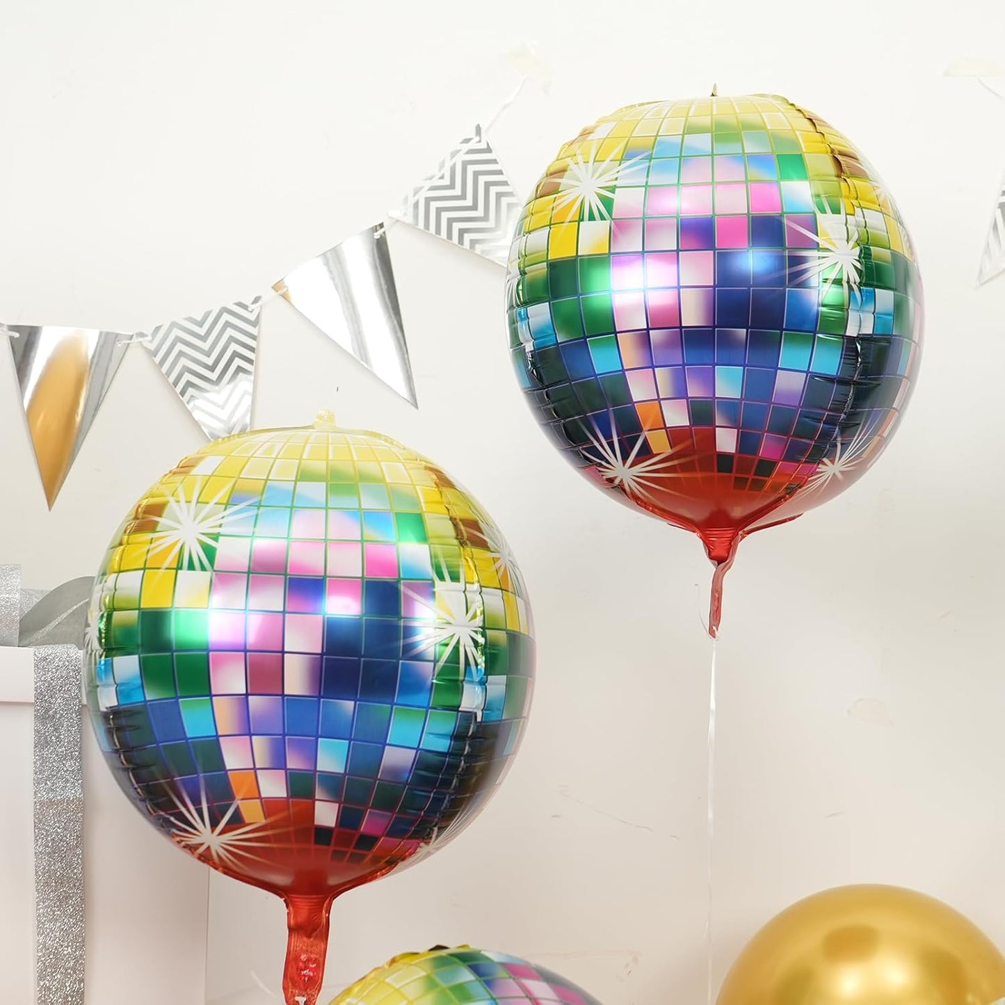 Disco Ball Balloons 4PC,Foil Disco Balloons 22 Inch 4D Round Balloon for 70s 80s 90s Birthday Bachelorette Decorations