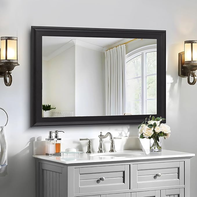 Black Wood Mirror for Bathroom, Rectangle Rustic 30 x 40 inch Vanity Mirror for - Image 3