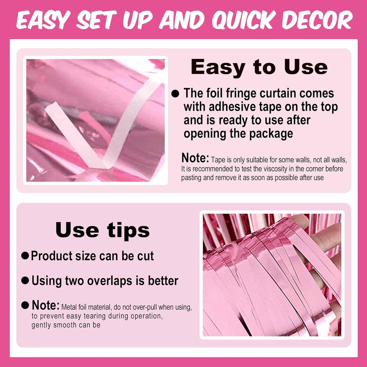 6 Pack Pink Foil Fringe Curtains Backdrop, 3.28 x 8.2 Ft Metallic Streamers Tinsel Curtains Background for Photo Booth, Birthday, Weddings, Carnivals, Graduation, Themed Party Decorations