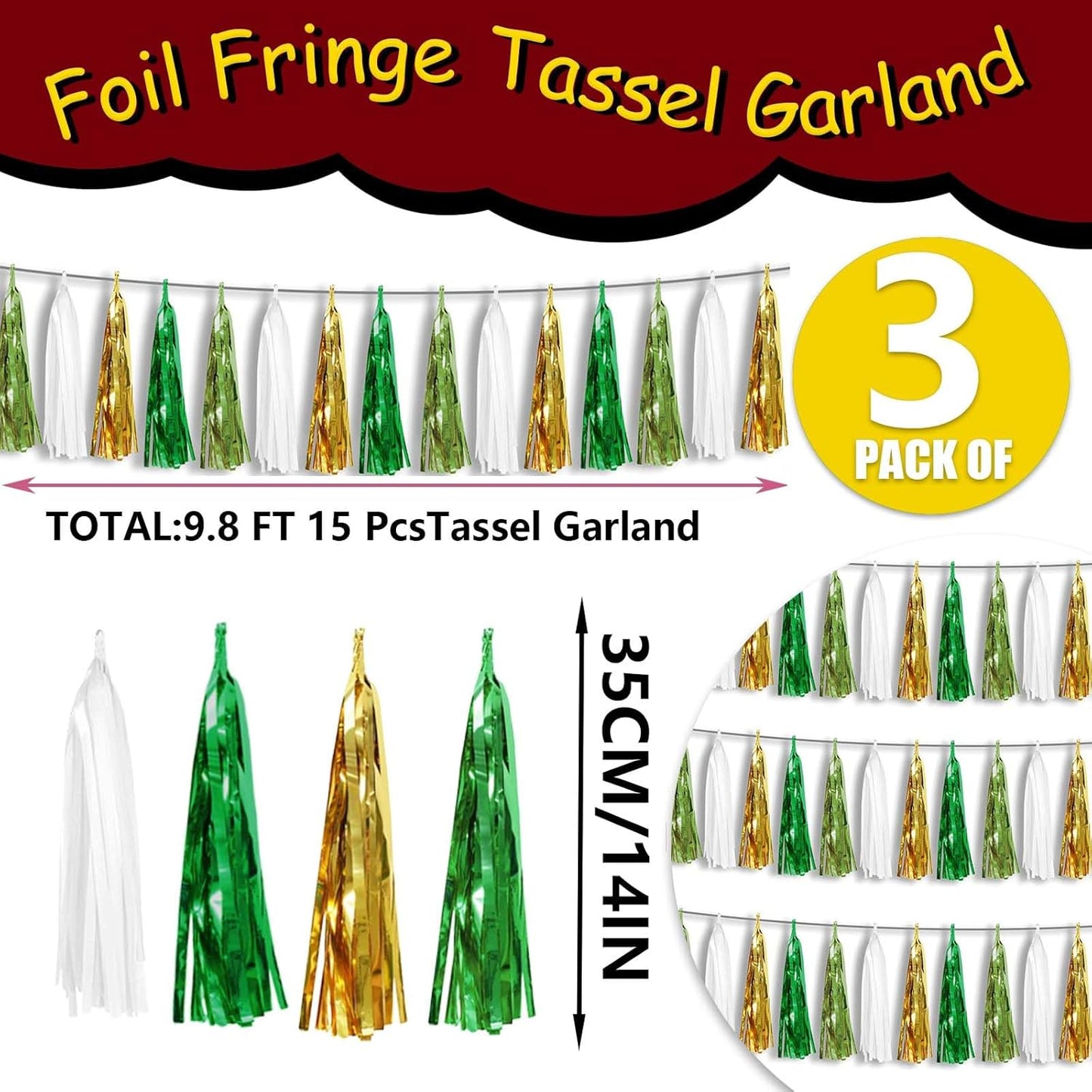 3P Metallic Fringe Tassel Banner Garland Foil Tinsel Streamer Wall Hanging Curtain Backdrop Banners for Parade Floats, Graduation Decorations, Woodland Party Decoration(Sage-Green Gold)