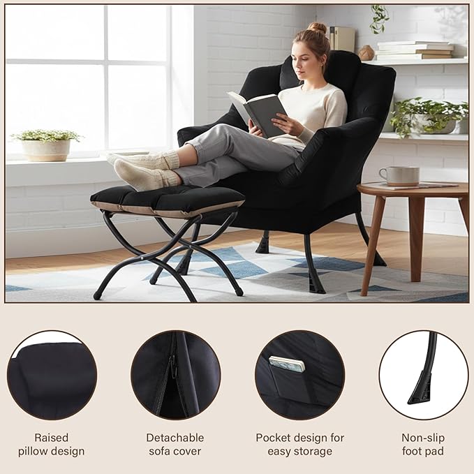 Welnow Lazy Chair with Ottoman, Modern Accent Chair with Armrests and a Side - Image 5