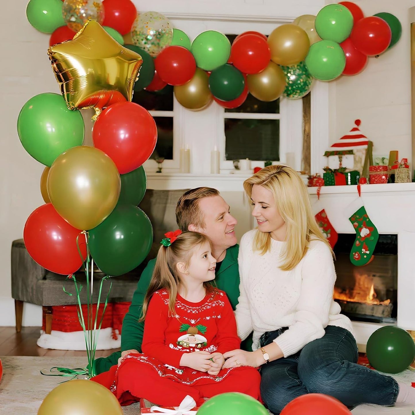 Patimate Red Green Christmas Balloons Set, 50 pcs 12 inch Metallic Gold Lime Forest Green Red Gold Confetti Latex Balloons Kit for Christmas Grinch Birthday Baby Shower Party Decorations