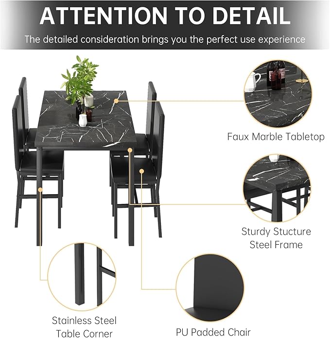 AWQM 5 Piece Dining Table Set for 4, Faux Marble Kitchen Table and Chairs for 4 - Image 4
