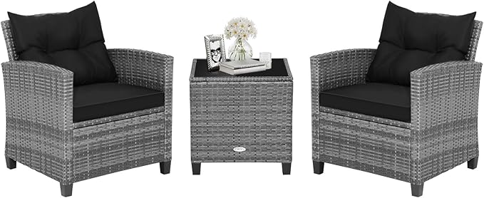 HAPPYGRILL 3 Pieces Patio Conversation Set, Outdoor Furniture Set PE Rattan by HAPPYGRILL