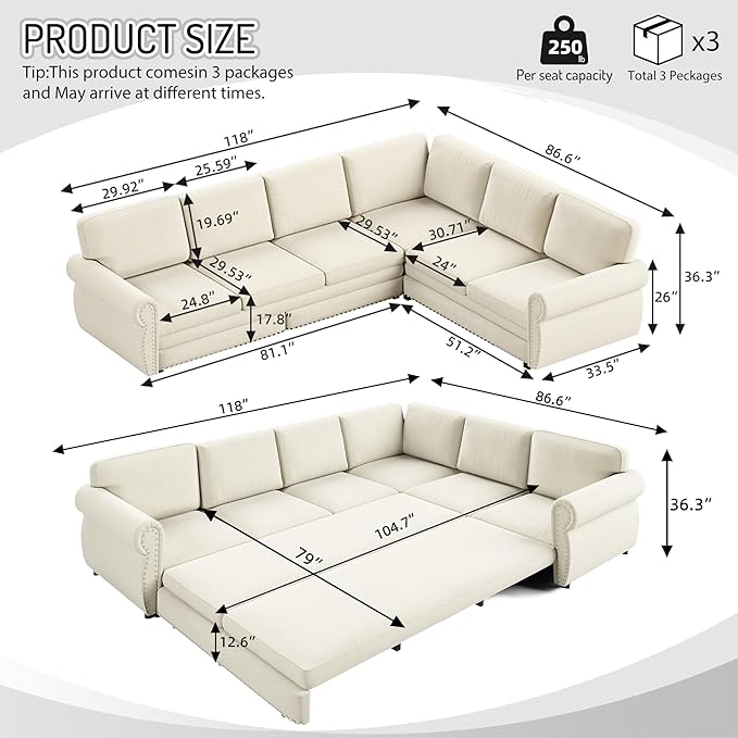 118" L-Shaped Sleeper Couch Bed - Image 2