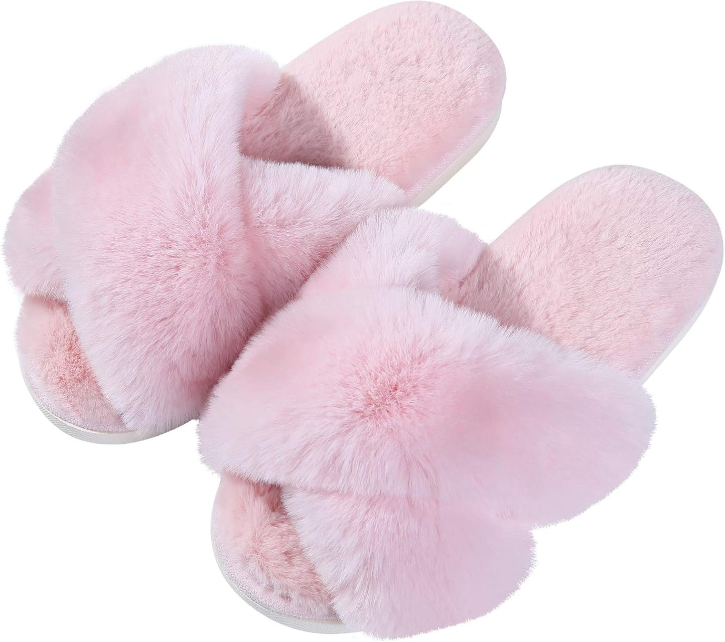Evshine Women's Fuzzy Slippers Cross Band Memory Foam House Slippers Open Toe