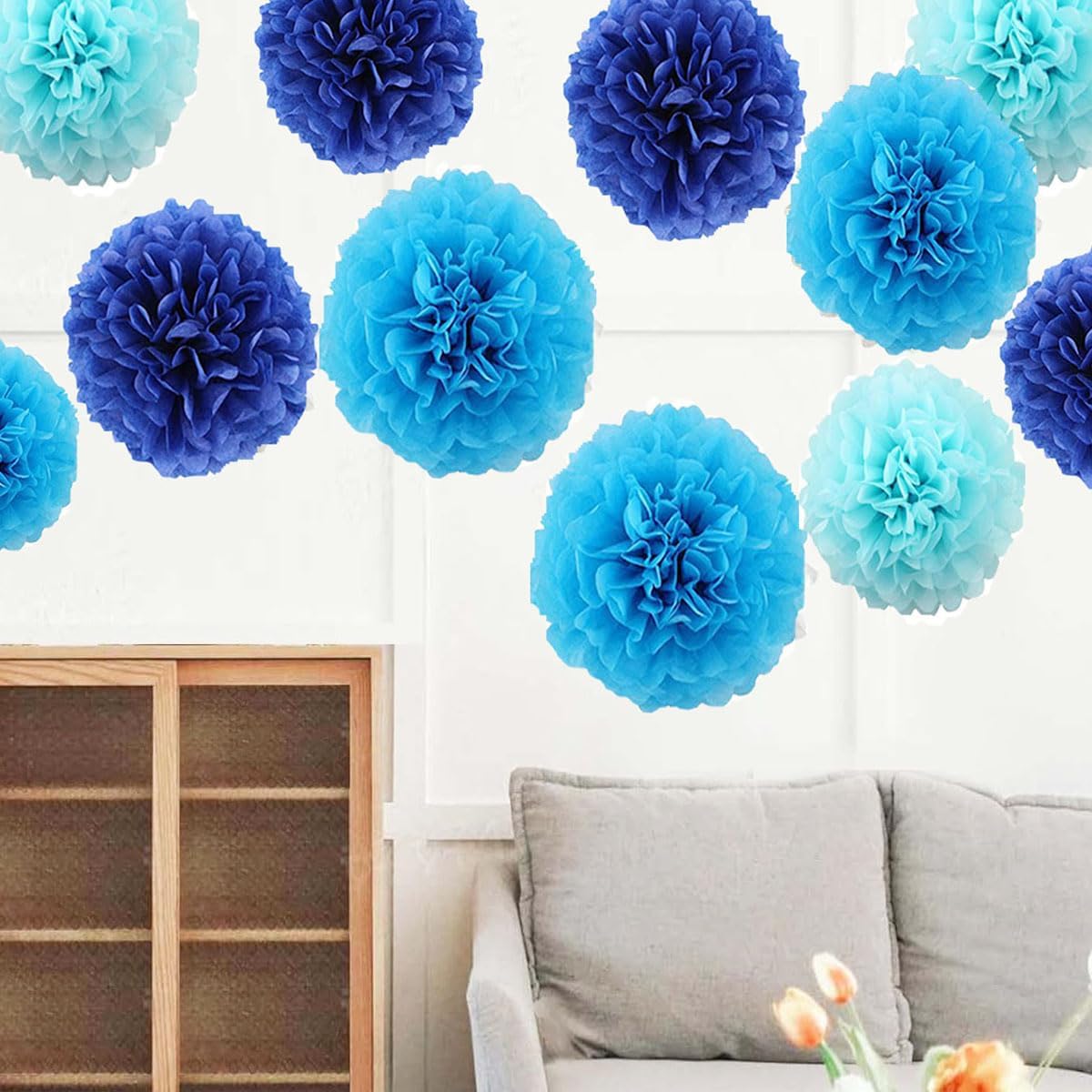 12pcs 10in 12in Blue Pack Paper Pom Poms Tissue Paper Flower pom poms Hanging Paper Flower Balls Wedding Party Flower Decorations DIY Art Craft Blooms for Birthday Baby Shower Nursery Decor