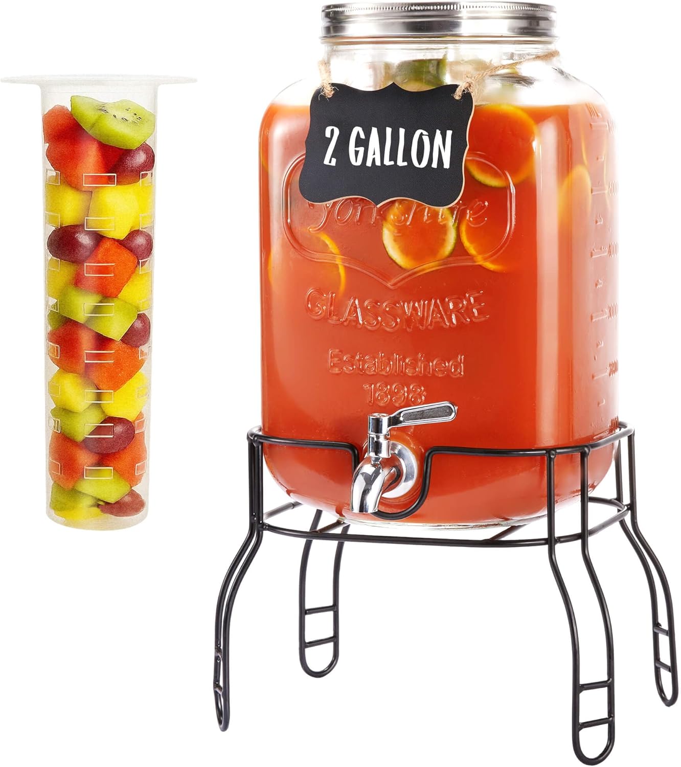 2 Gallon Glass Drink Dispenser for Parties, Beverage Dispenser with Stand, Lemonade Dispenser with 18/8 Stainless Steel Spigot, Leakproof for Sun Tea, Juice, Picnic, BBQ & Bars