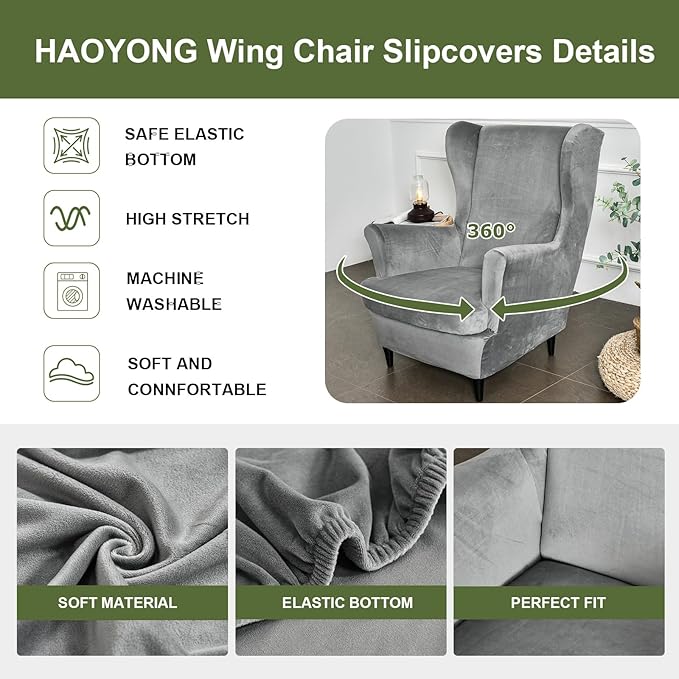 HAOYONG Velvet Wingback Armchair Covers 2-Piece Elastic Stretch Wingback Chair - Image 4