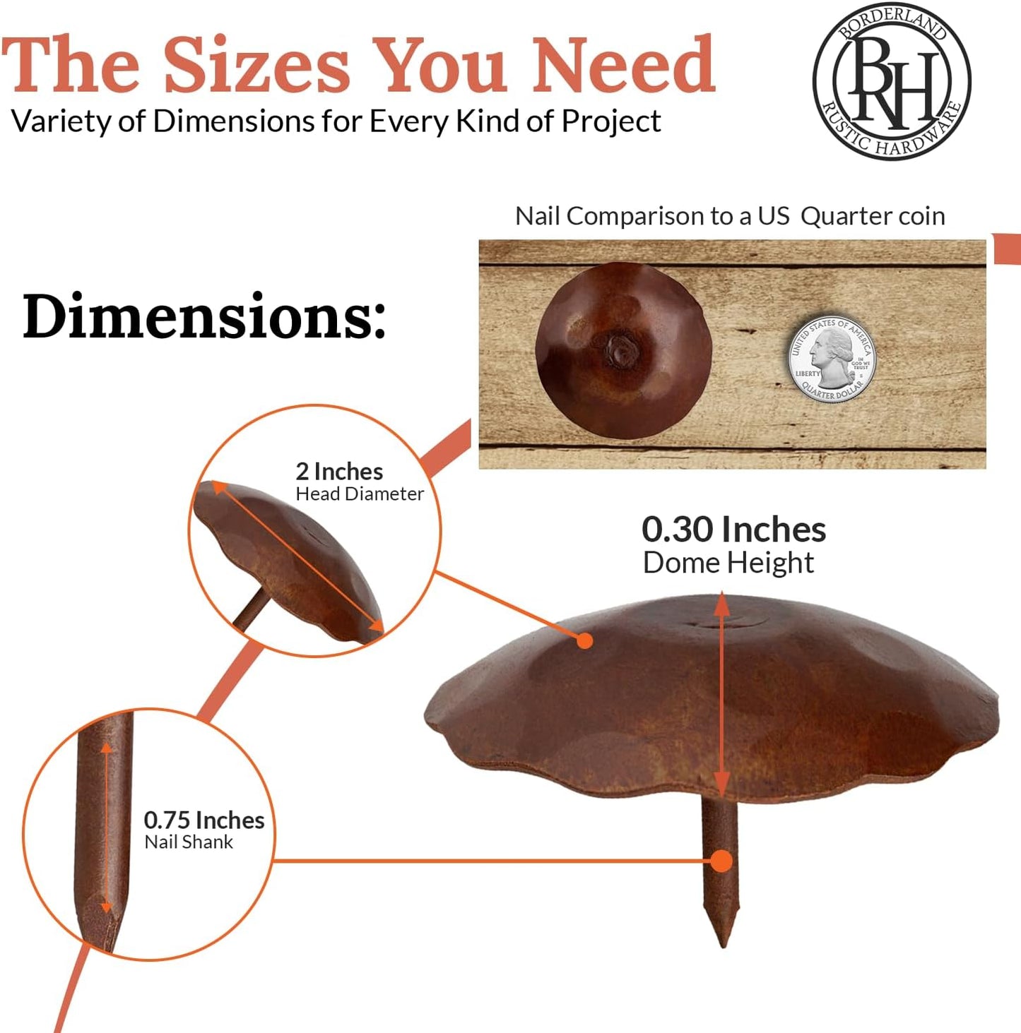 10 Pack 2" Round Head Iron Clavos Decorative Nails – Sealed Rusted – Handmade Rustic Round Fasteners for Farmhouse Shutters, Faux Wood Beams, Barn Doors, Shutters, Gates – Ornamental Wood Accent