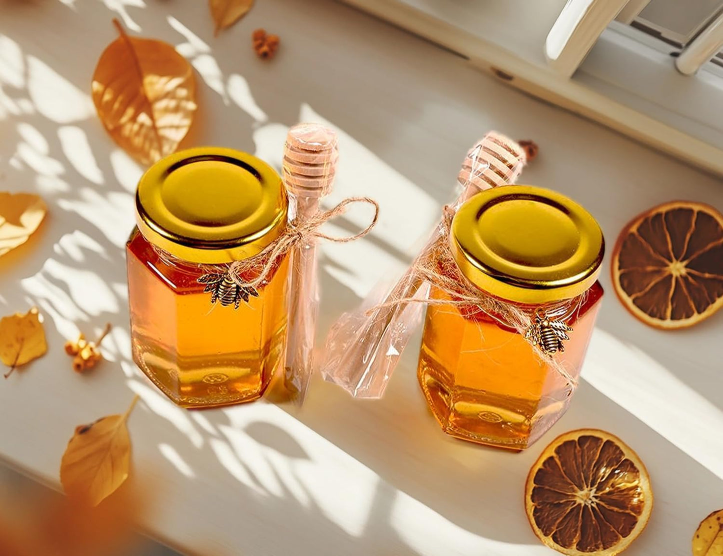 Adabocute 4oz Hexagonal Honey Jars - Glass Honey Jars with Gold Lids, Wooden Dippers, Bee Charms and Jutes - Hexagon Jars for Baby Shower, Wedding and Party Favors, 12 Pack