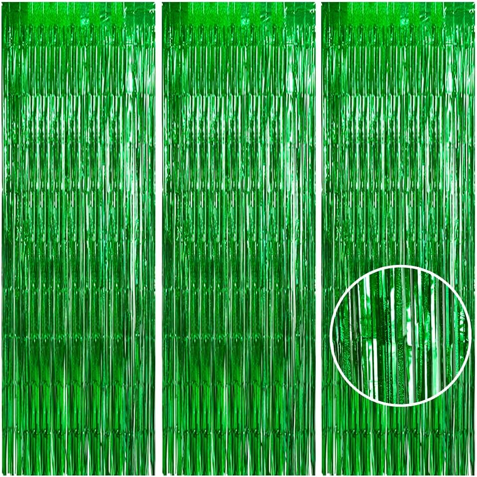 TONIFUL 3Pcs Laser Green Door Streamers, Metallic Streamers Foil Fringe Curtains for Birthday, Christmas, New Year, Bachelorette, Grad Party (9.9ft x 6.6ft)