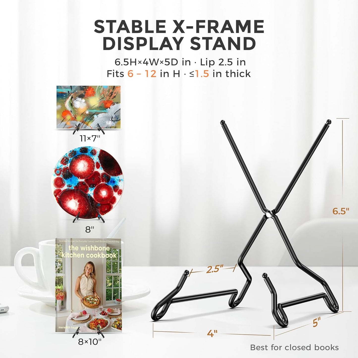 TR-LIFE Plate Stands for Display, 6.5 inch, 2 Pack – Fold-Flat, Stable X-Frame Picture Holder Easels for 6–12 in Plates, Frames and Books, up to 1.5 in Thick