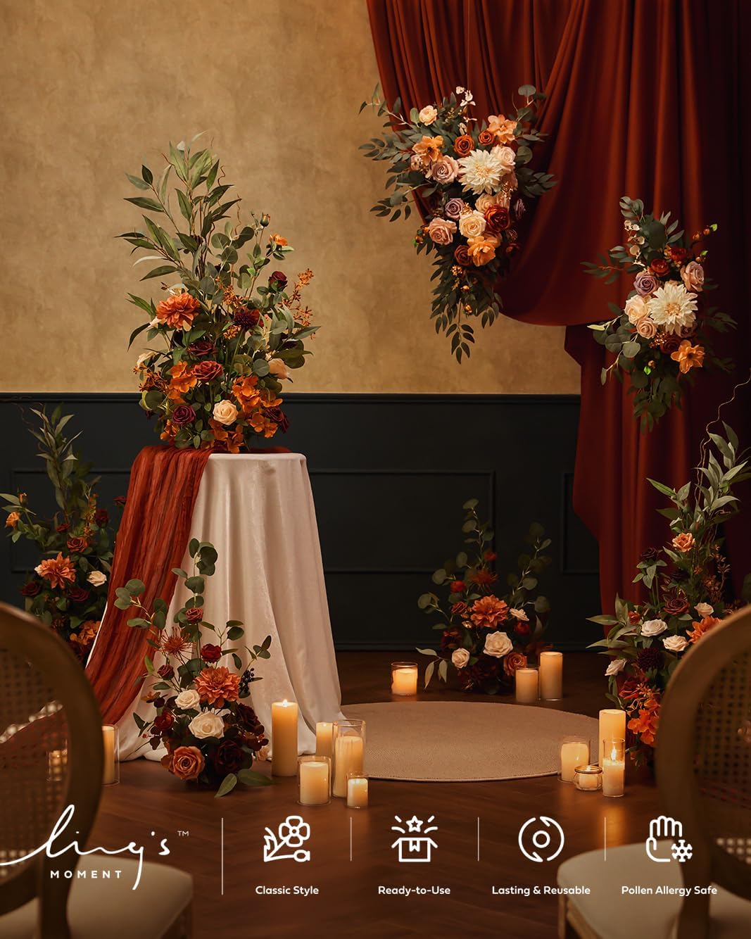 Ling's moment 17.5" Tall Standing Artificial Flowers Arrangements 4pcs Fall Wedding Aisle Runner Chair Decorations Sunset Terracotta Centerpieces Ceremony Reception Rose Floral Party Outdoor