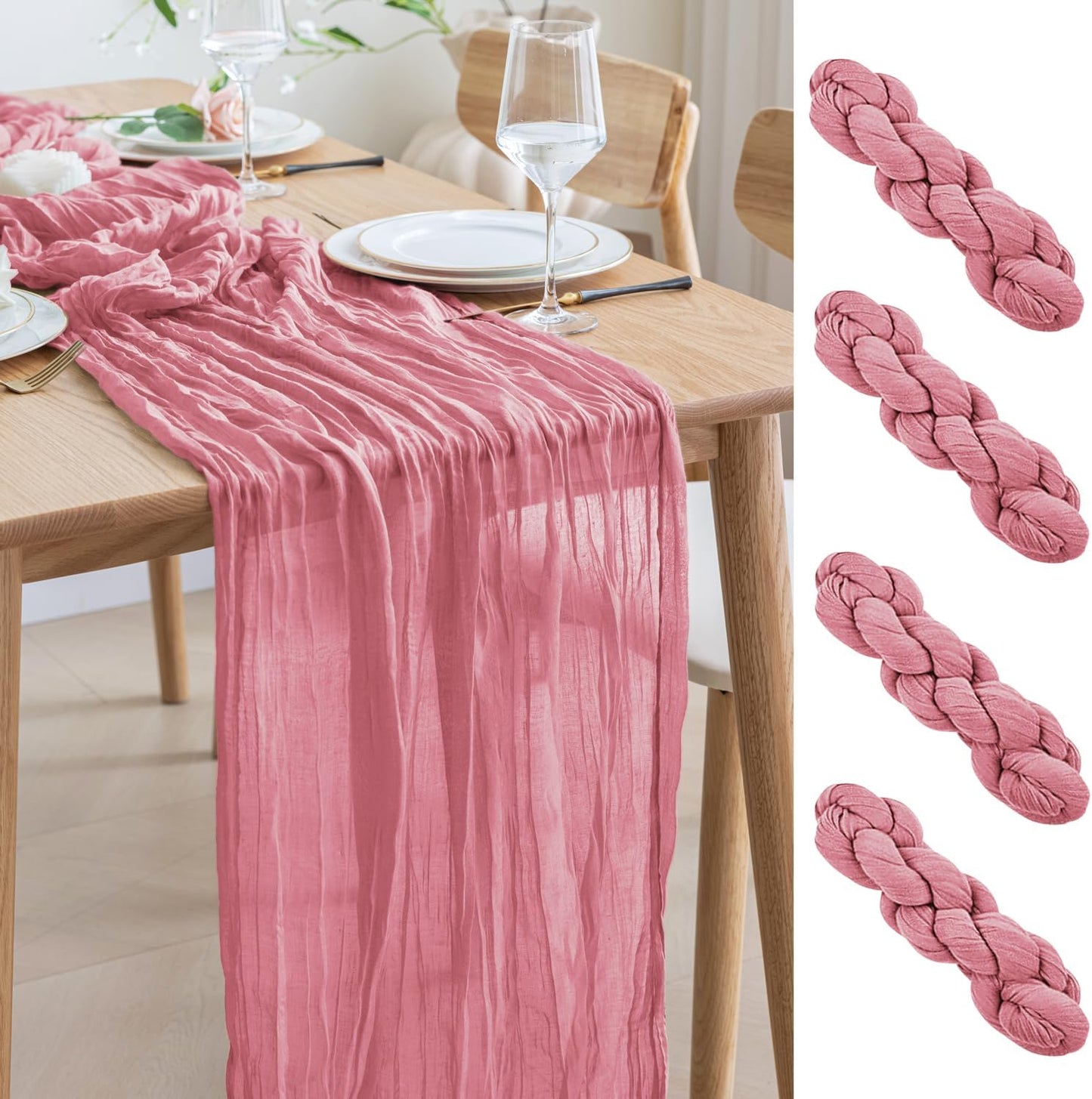 Asee'm 4pcs Cheesecloth Table Runner 120 Inches Dusty Rose Boho Gauze Cheese Cloth Runner 10FT Rustic Sheer Table Runners for Summer Wedding Baby Shower Holiday Party Decoration