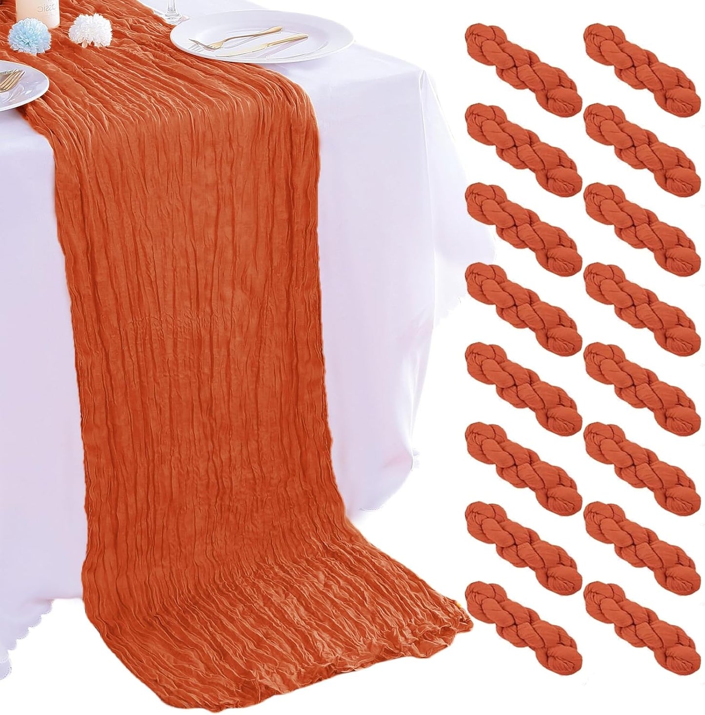 16PCS Orange Cheesecloth Table Runner - 10FT x 35x120Inch Boho Gauze Cheese Cloth Table Runner for Wedding Party, Baby Bridal Shower Table Decor