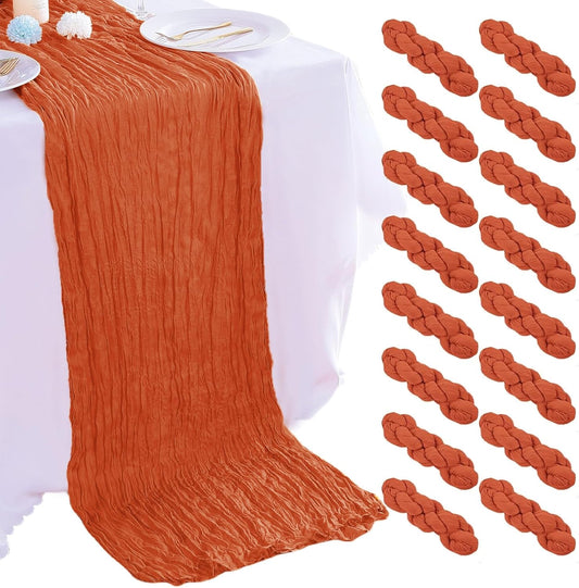 16PCS Orange Cheesecloth Table Runner - 10FT x 35x120Inch Boho Gauze Cheese Cloth Table Runner for Wedding Party, Baby Bridal Shower Table Decor