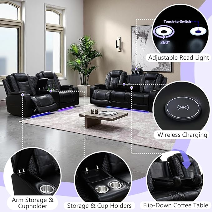 Power Recliner Sofa Set, Living Room Furniture Sets, Luxury 3 Piece Living Room - Image 5