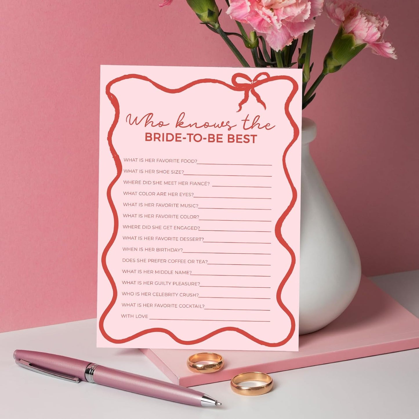 DEEKA 30 PCS Bridal Shower Games Card for 30 Guests Pink Wavy Border Ribbon Bow Funny Wedding Bachelorette Party Games for Reception (Who Knows The Bride-to-be Best)