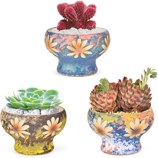 Sungmor Small Succulent Planters Set of 3, Beautiful Hand Crafted Ceramic Plant Pots Cute Cactus Pot, 4.9 Inch Flower Pots for Indoor Plants with Drainage, Desktop Windowsill Home Office Decor Pots