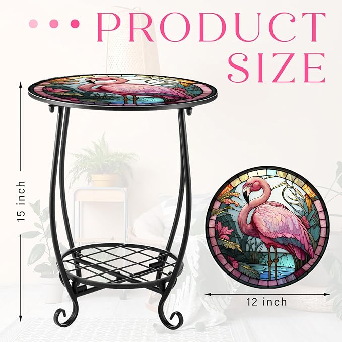 Cinnvoice Outdoor Side Table Round Small Mosaic Patio Accent Indoor End Plant - Image 3