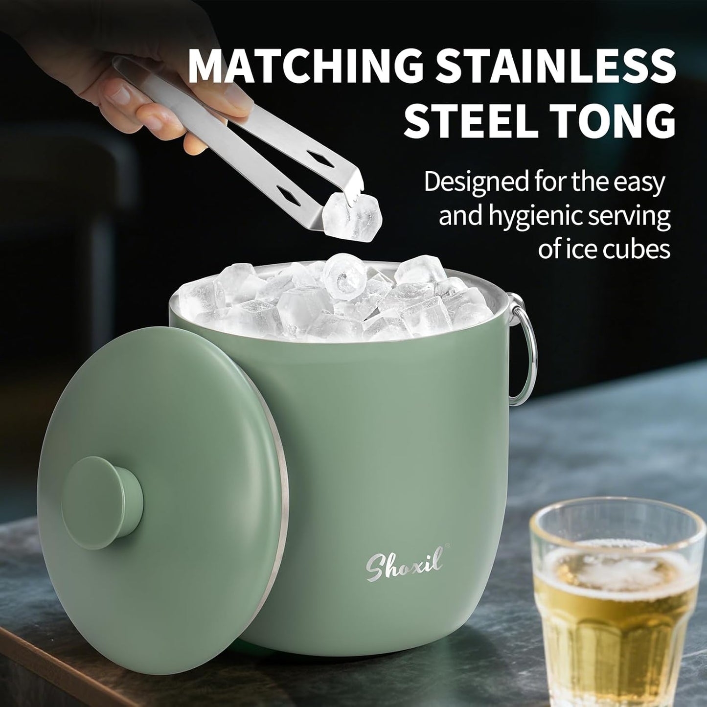 Ice Bucket - 3L Large Ice Bucket for Parties & Cocktail Bar, Stainless Steel Ice Cooler with Lid & Tongs, Retro Style Ice Bucket for Freezer & Drinks