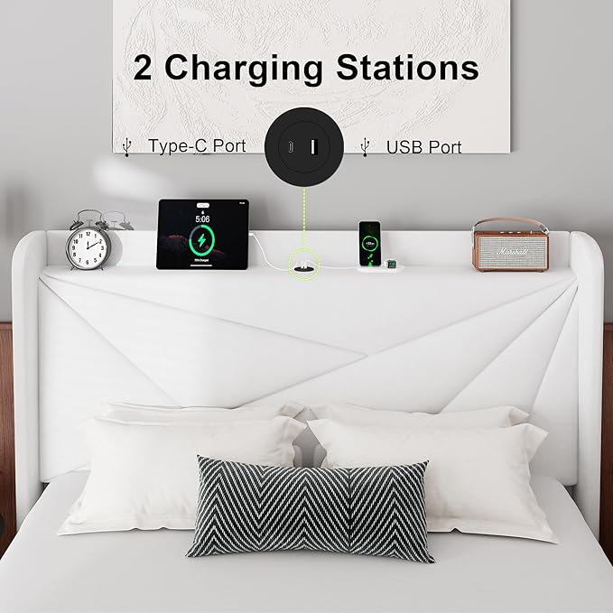 Feonase Full Bed Frame with Charging Station, Velvet Upholstered Platform - Image 3