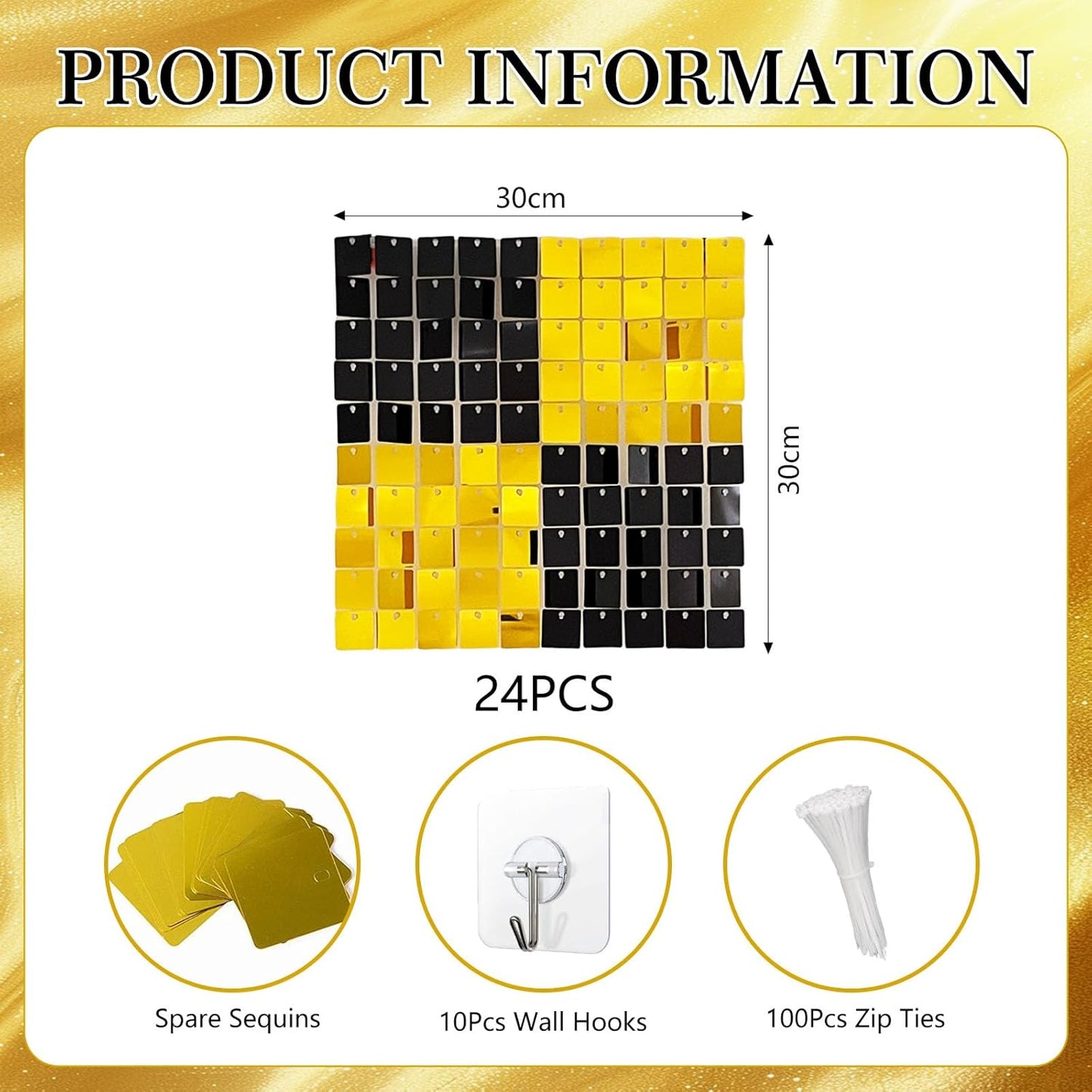 24PCS Black Gold Shimmer Wall Backdrop, Square Sequin Photo Backdrops Panel, Glitter Wall Background for Birthdays, Weddings, Christmas, Engagements, New Years Party Decor (4FTx6FT)