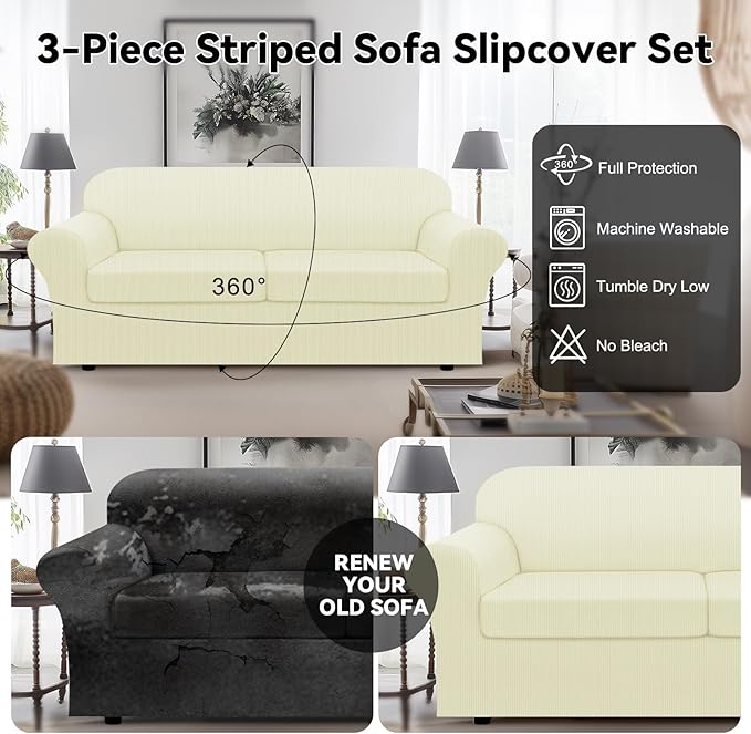100% WaterproofCouch Cover 3-Piece Set Striped Sofa Slipcovers - Image 6
