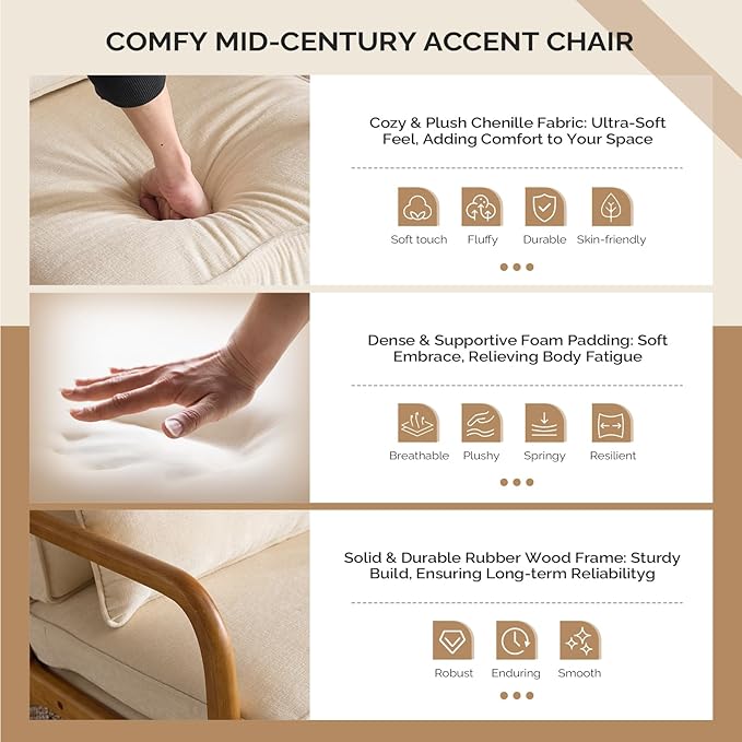 VINGLI Chenille Mid-Century Modern Accent Chair Set of 2, Cute Reading Arm Chair - Image 3