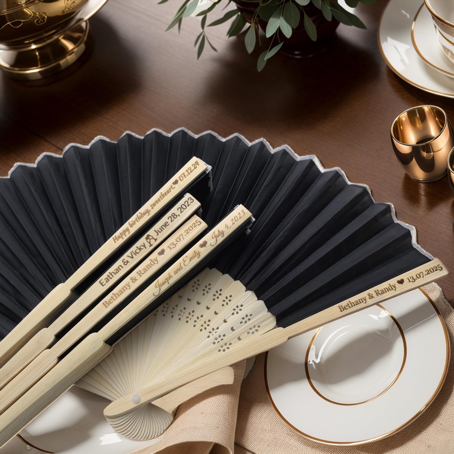 40Pcs Personalized Silk Fans Folding Hand Fan, Custom Wedding Bridal Party Favors, Summer Wedding Bride, Wedding Gift, Thank You Gift (Black)