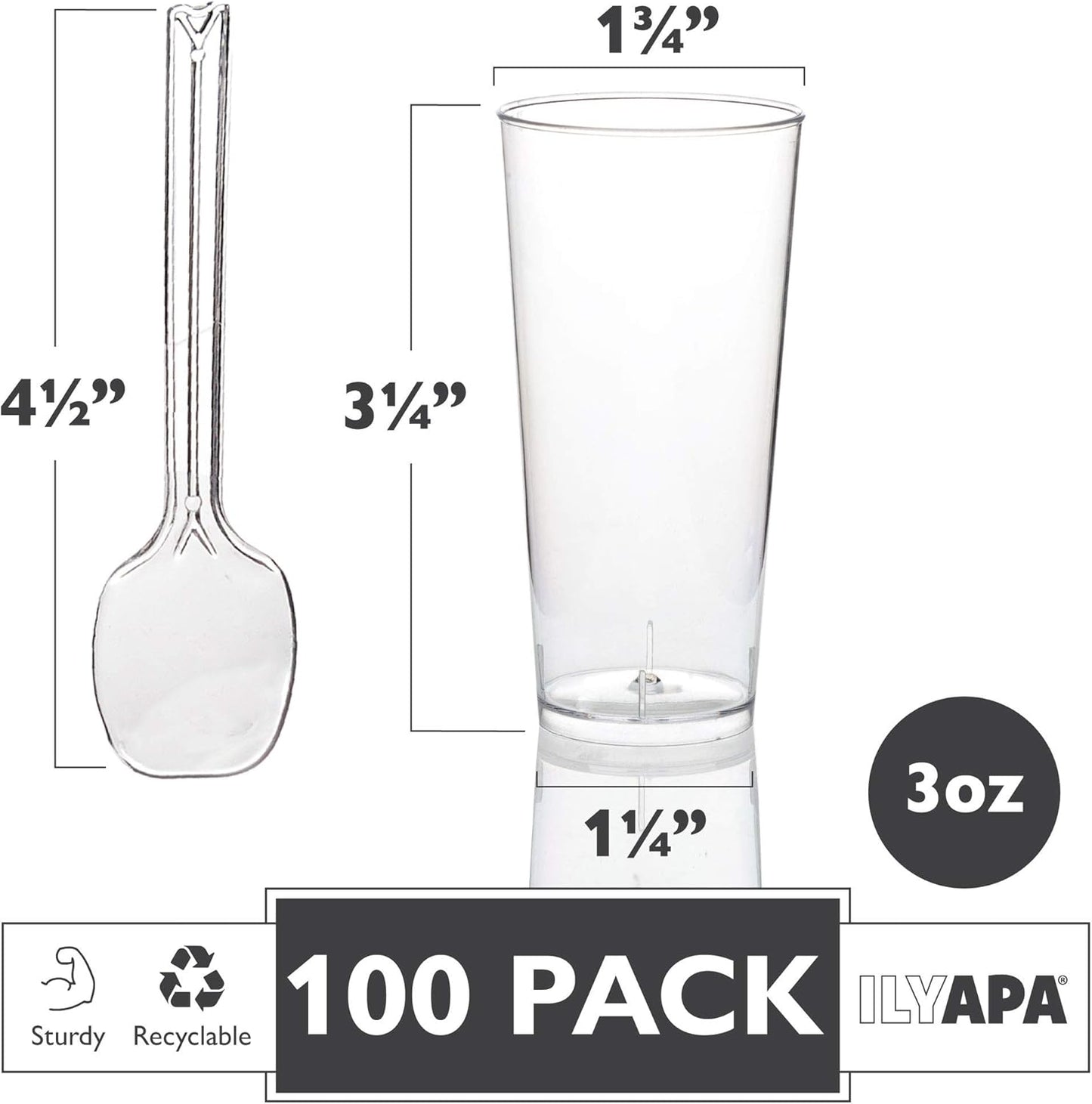 Ilyapa 3oz Plastic Dessert Cups - 100 Pack Mini Dessert Cups with Spoons - Clear Reusable Small Appetizer Cup for Cheesecake Shooters, Chocolate Mousse, Parfait - Party and Catering Supplies - Round