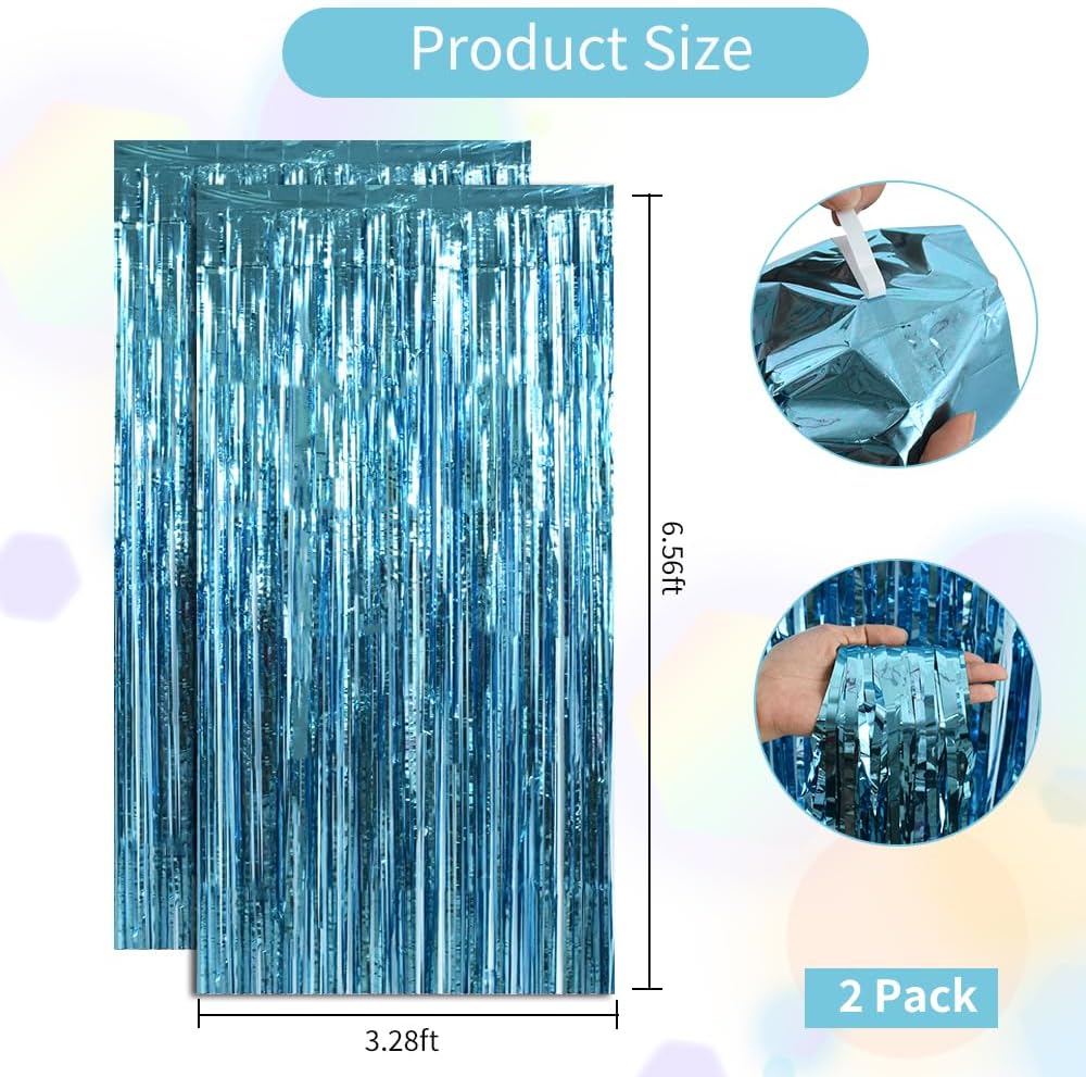BEISHIDA 2 Pcs Light Blue Door Streamers Tinsel Curtain Party Backdrop Fringe Foil Wall Background for Birthday Halloween Christmas Wedding Boys Babyshower Party Decoration(3.28 ft x 6.56 ft)