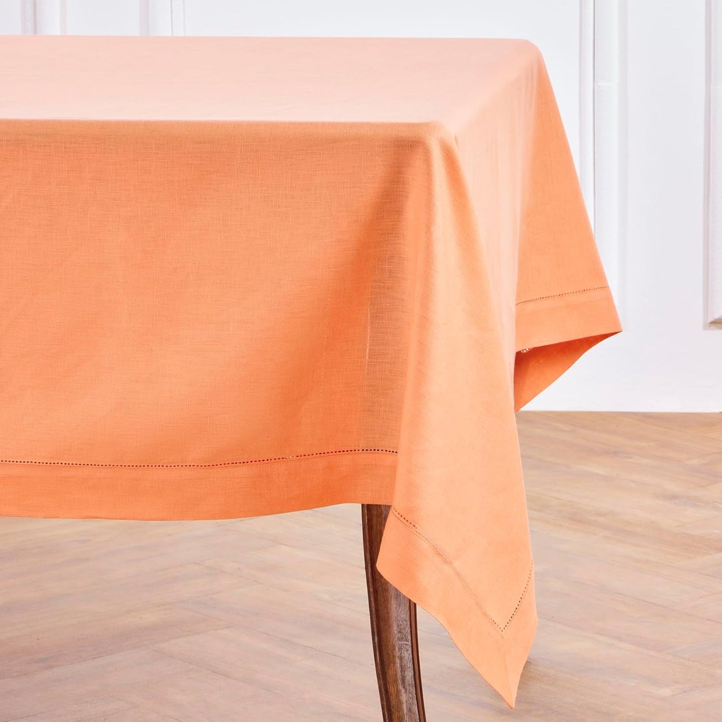 Solino Home Linen Tablecloth 60 x 132 Inch - Classic Hemstitch 100% Pure Linen Coral Table Cloth for Rectangle Tables - Machine Washable Tablecloth