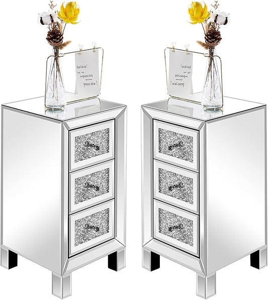 VINGLI 3-Drawer Mirrored Nightstand Bedside Table Modern Night Stands Set of 2 by VINGLI
