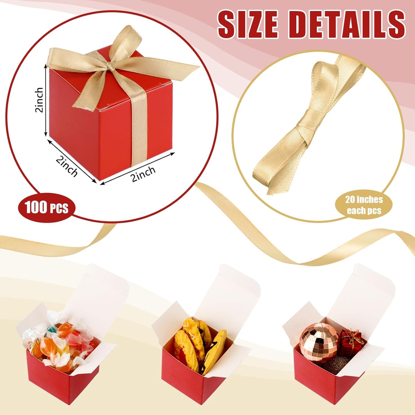 Jutom 100 Pcs Mini Favor Boxes Extra Small Candy Boxes Paper with Gold Ribbon for Christmas Thanksgiving Day Birthday Wedding Anniversary Supplies(2 x 2 x 2 Inch,Red)