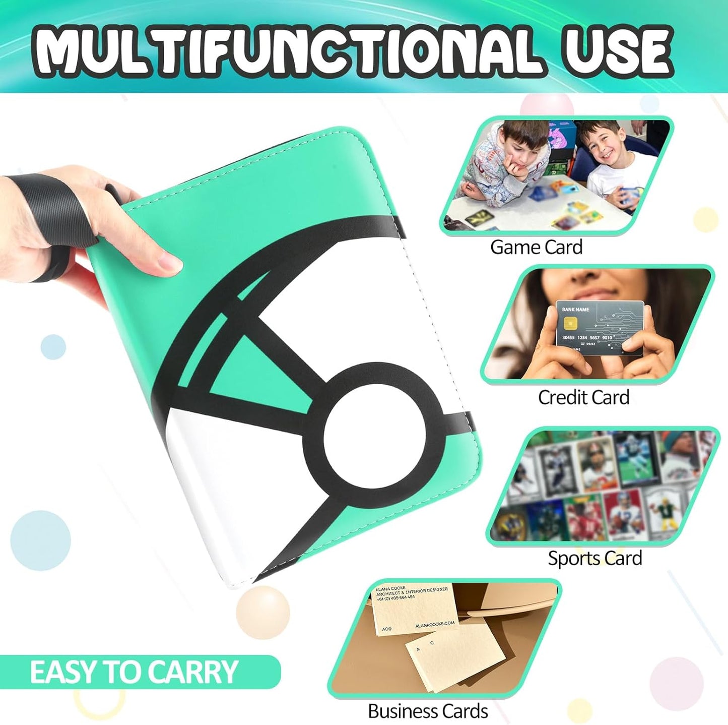 Trading Card Binder 4-Pockets, 400 Pockets Card Holder with 50 Removable Sleeves, Large Capacity & Waterproof Zipper Album Holder for Trading Card Collector, Portable Card Album Book for Card-Green