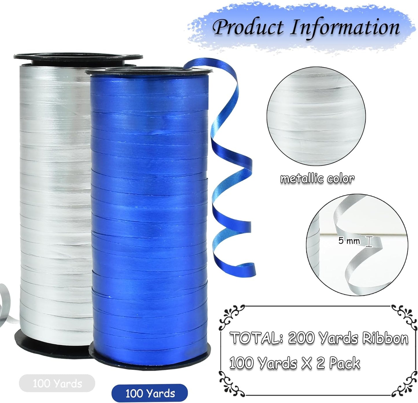 BEISHIDA Blue and Silver Curling Ribbons Balloon String Ribbons - 2 Pack 100 Yards for Gift Warppping Birthday Bachelor Party Decorations