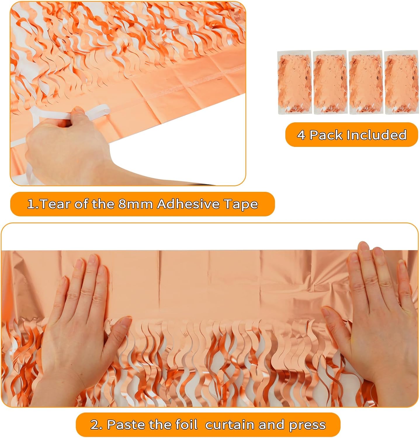 4 Pack Rose Gold Backdrop Birthday Decorations - 3.3x6.6ft Wavy Tinsel Foil Backdrop Party Streamer Party Supplies Background | Tinsel Curtain Backdrop for Parties