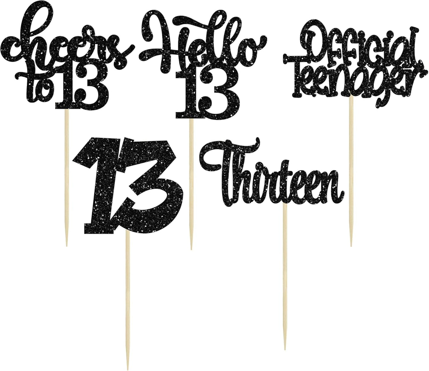 30Pcs 13th Birthday Cupcake Toppers Hello 13 Cupcake Picks Official Teenager Cheers to 13 Years Old Cake Decorations for 13th Birthday Anniversary Party Supplies Black Glitter