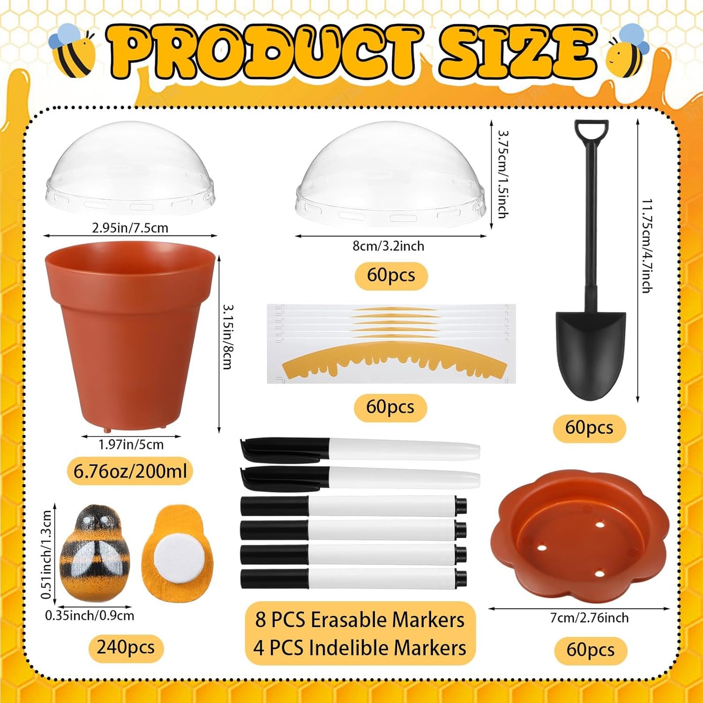 60 Sets Mini Honey Bee Pots with Lids, Spoon, Saucers and Bee Charms, 6.76 OZ Plastic Honey Jars for Cupcake Dessert Themed Party Favor Planter Baby Shower Birthday Wedding Decoration (Brown)