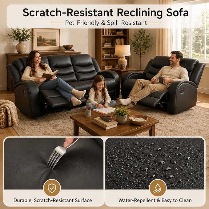 Recliner Sofa Set, 2 Piece Living Room Furniture Set, Leather Recliner Sofa - Image 4