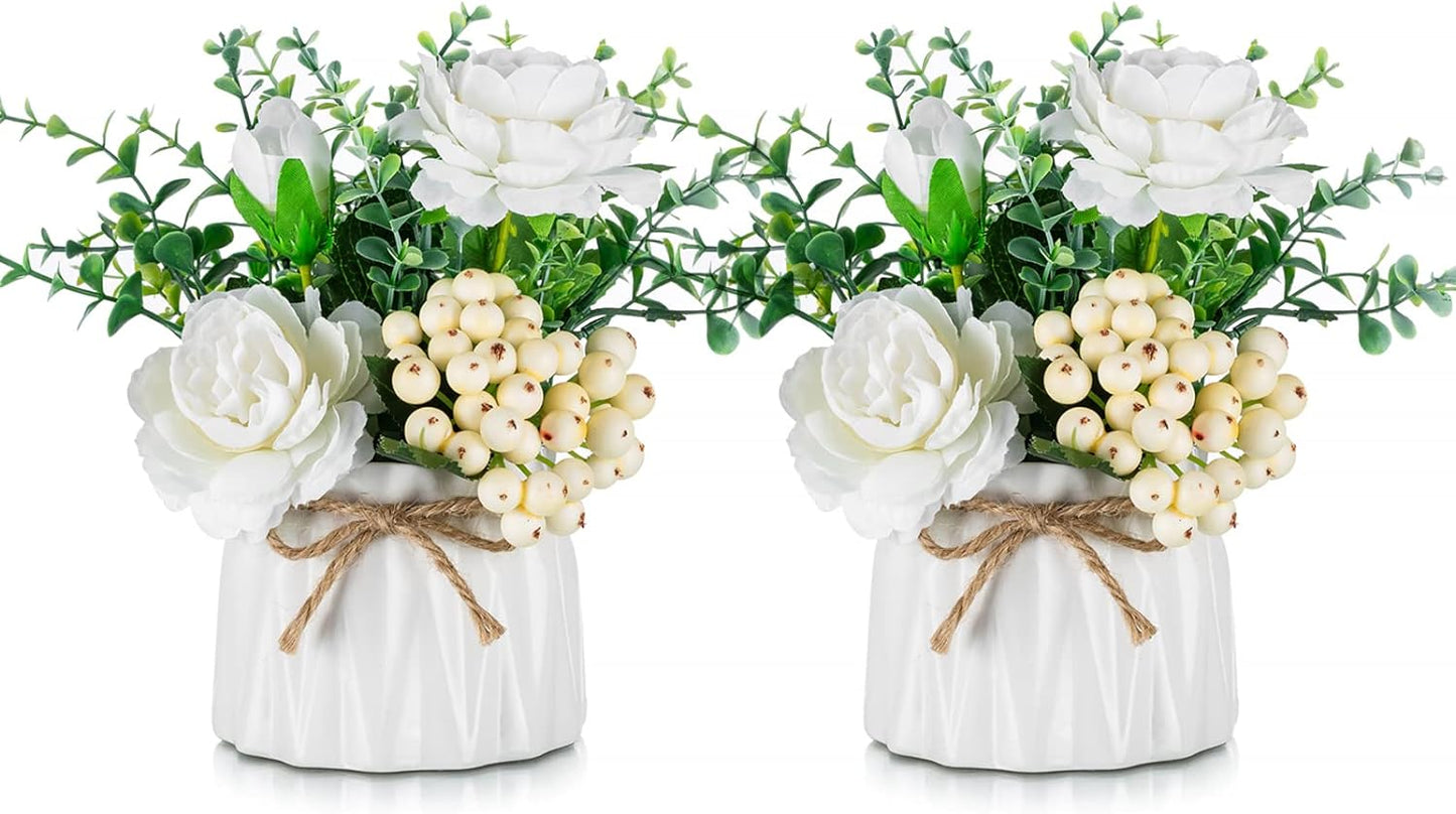BLOSMON Table Decor Artificial Flowers Vase 7 Inch Small Fake Flower White Arrangement 2pcs Floral Arrangement for Tables Centerpieces Kitchen Dining Room Decorations Faux Flower in Vase Silk Roses