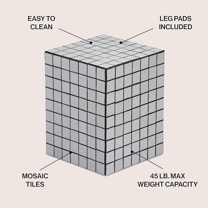JONATHAN Y Callista White/Black Modern Ceramic Tiled Cube Side Table, 18-Inch - Image 3