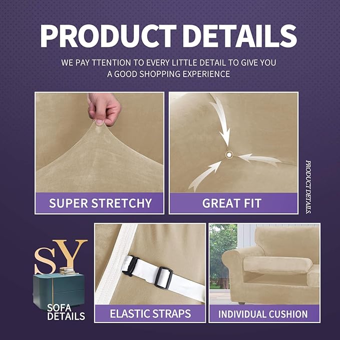 ZNSAYOTX Oversized Velvet Couch Cover 4 Piece Stretch Sofa Covers - Image 4